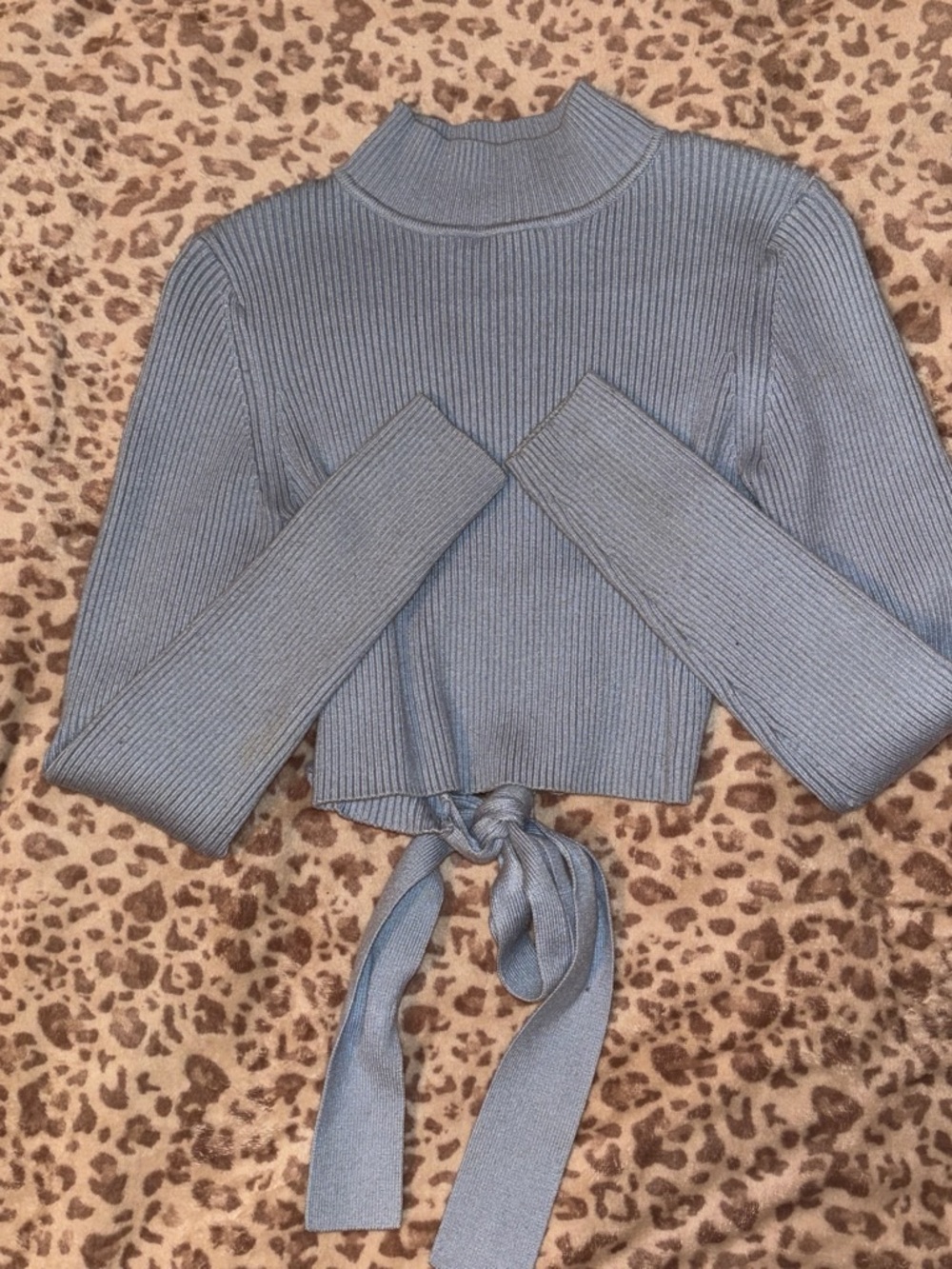 Zara Steel Blue Ribbed Tie-Back Mock Neck Crop Sweater